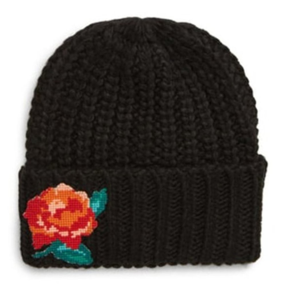 NWT Free People Everything Rosy Embroidered Rose Black Knit Beanie